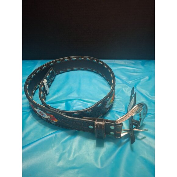 Nocona Brown Leather Belt W/ Beaded Aztec Design & Silver Buckle - Size S - Picture 3 of 7